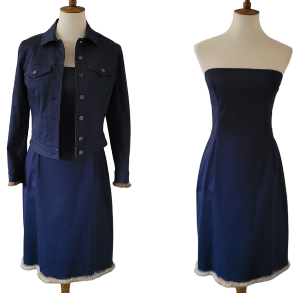 Tahari‎ - Navy Blue Rabbit Fur Trim Jacket and Dress Set - Picture 1 of 8